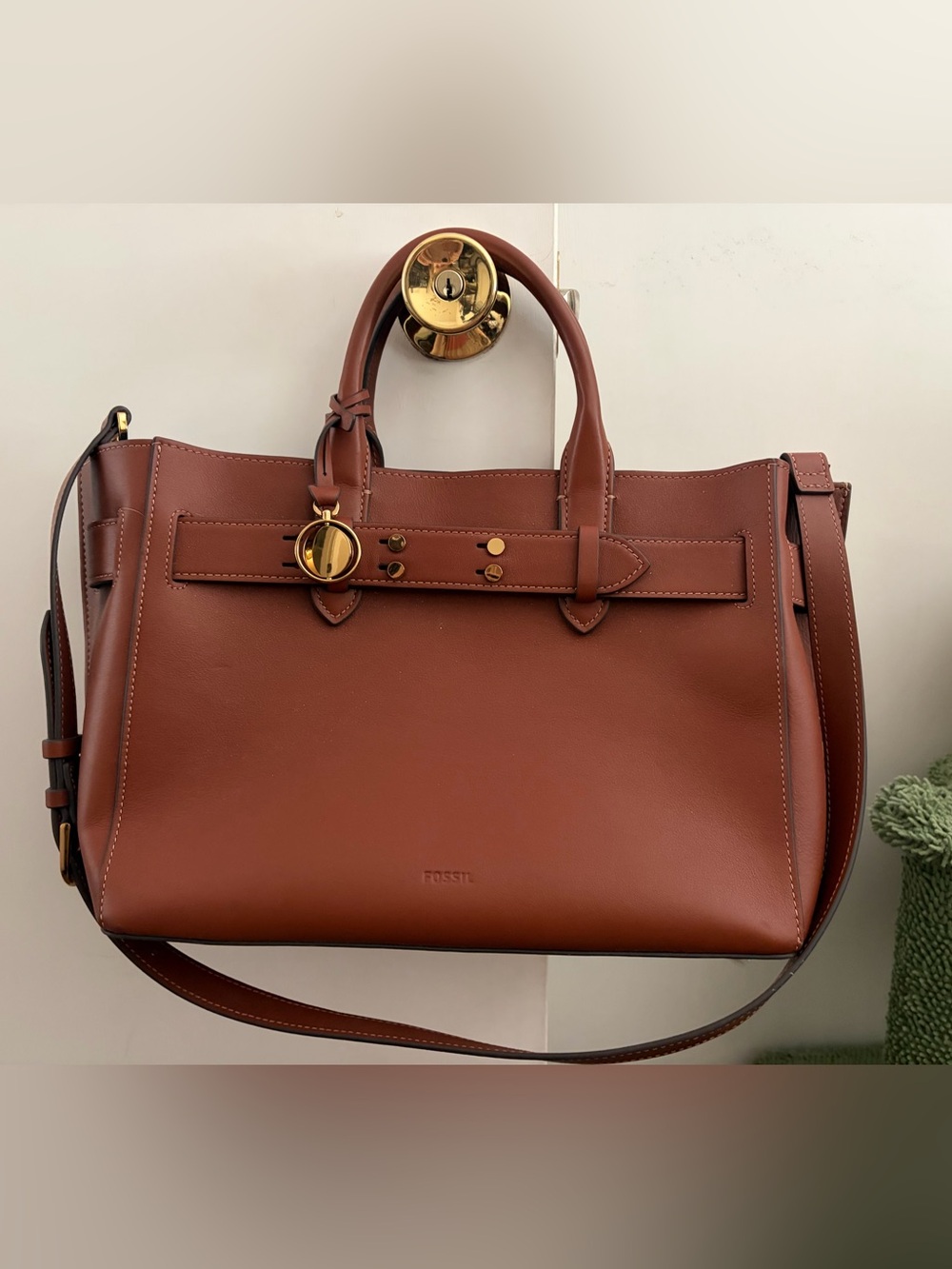 Fossil Leather Tote in Chestnut Brown with Gold Hardware